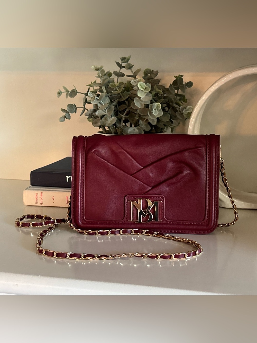 Badgley Mischka Burgundy Leather Chain-Strap Crossbody